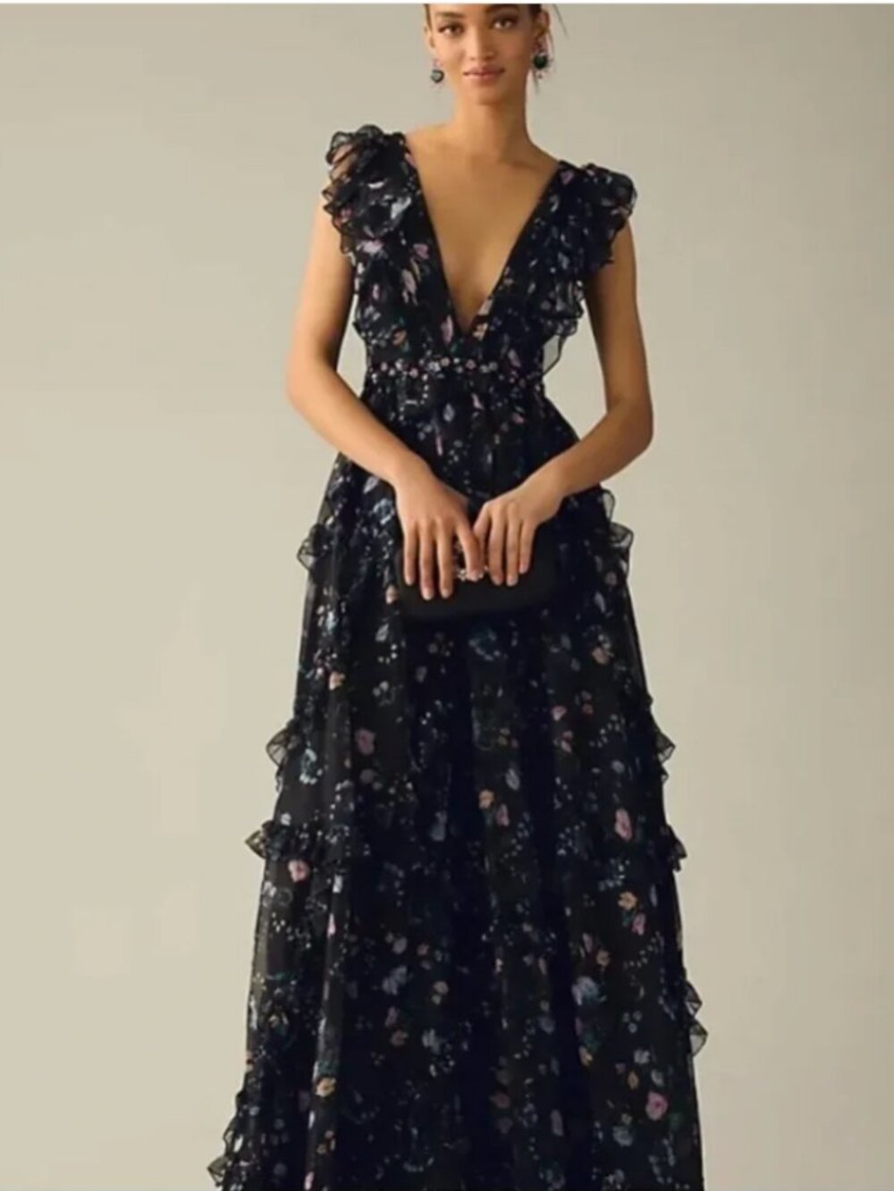 Size 4 Ieena Floral Ruffle V-Neck Gown Mac Duggal Dress